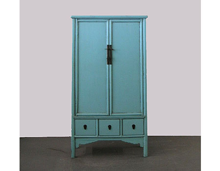 A large Chinese light blue lacquered round corner cabinet with splayed legs